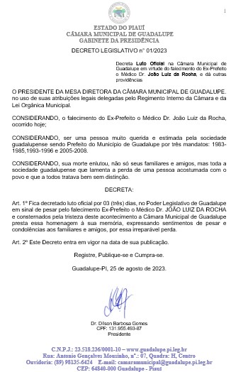 Luto Oficial pelo falecimento Dr. João Luiz